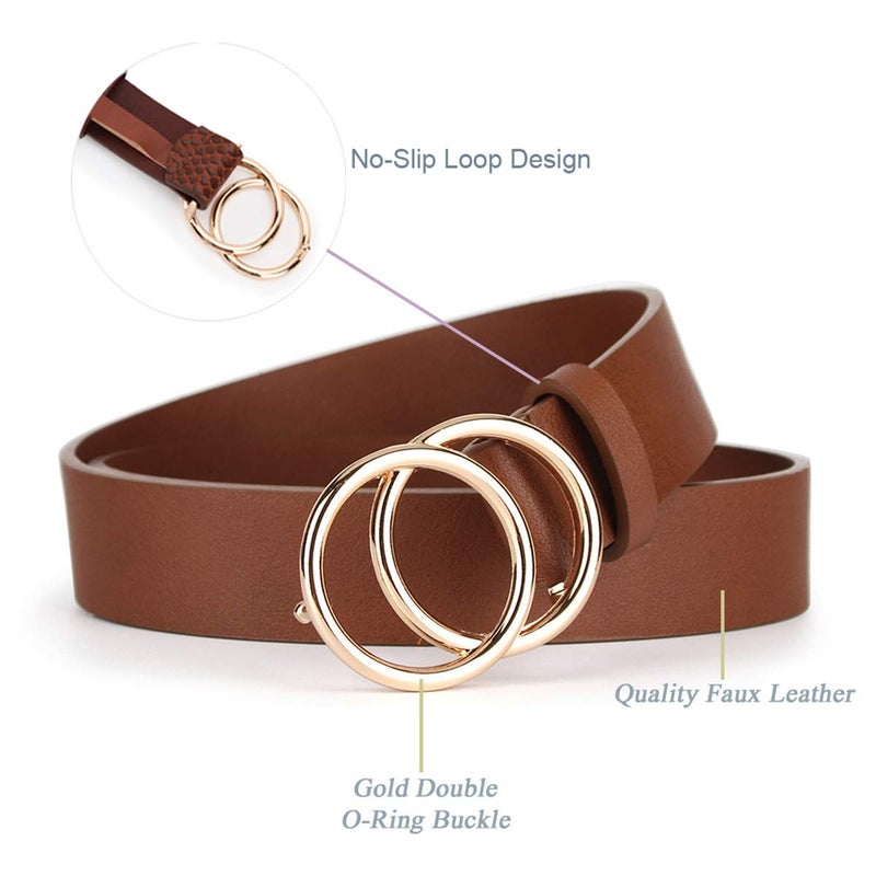 UnFader Pack 2 Women Belts for Jeans with Fashion Double O-Ring Buckle and Faux Leather - Image 2